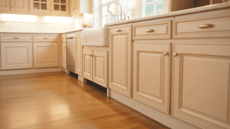 timeless kitchen cabinet colors with cream cabinets and warm wood flooring in cozy kitchen