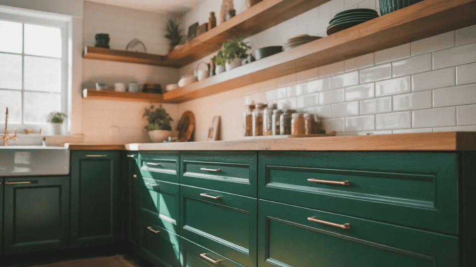 timeless kitchen cabinet colors with forest green cabinets and warm wood shelving in cozy kitchen