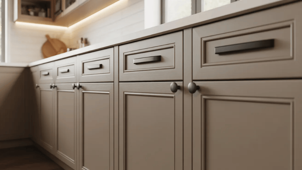 timeless kitchen cabinet colors with greige cabinets and matte black hardware in warm kitchen