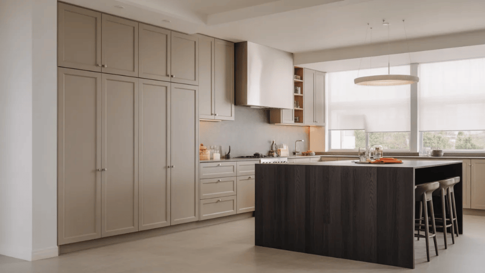 timeless kitchen cabinet colors with greige perimeter cabinets and dark island in modern open kitchen