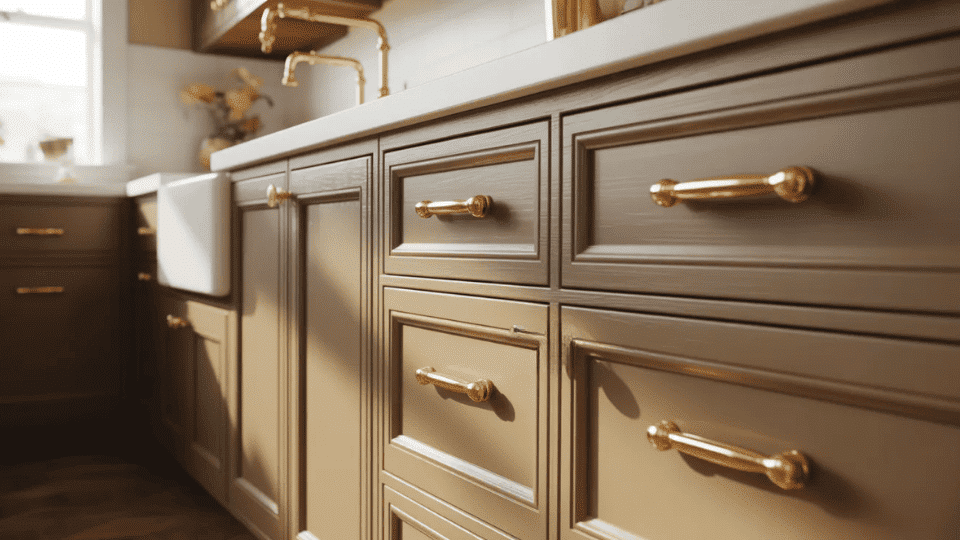 timeless kitchen cabinet colors with mushroom cabinets and brass hardware in warm classic kitchen