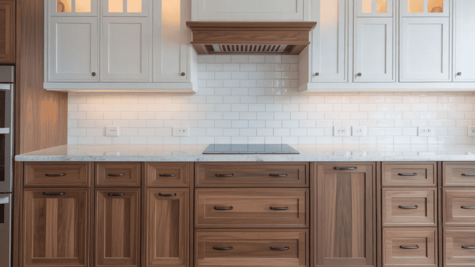 timeless kitchen cabinet colors with natural wood lower cabinets and painted upper cabinets in bright kitchen