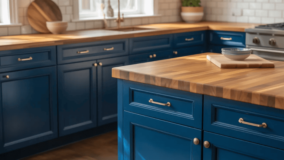 timeless kitchen cabinet colors with navy cabinets and butcher block counters in warm kitchen