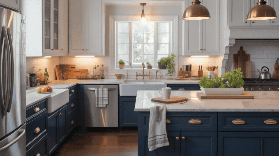 timeless kitchen cabinet colors with navy cabinets white countertops and brass accents in bright kitchen