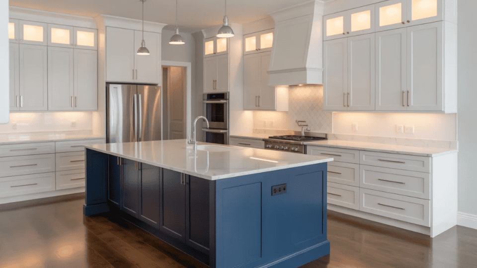 timeless kitchen cabinet colors with navy island and white perimeter cabinets in bright open kitchen