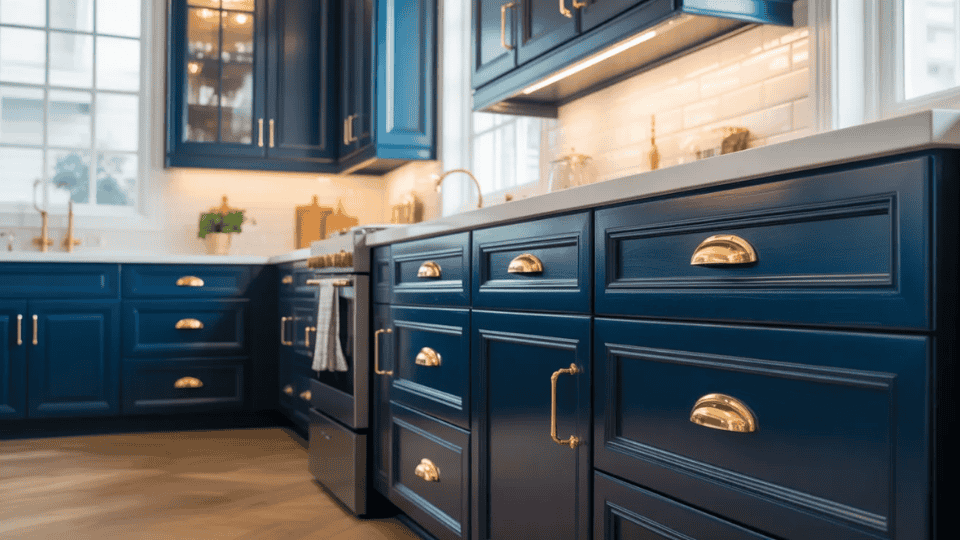 timeless kitchen cabinet colors with navy cabinets and gold hardware in bold classic kitchen