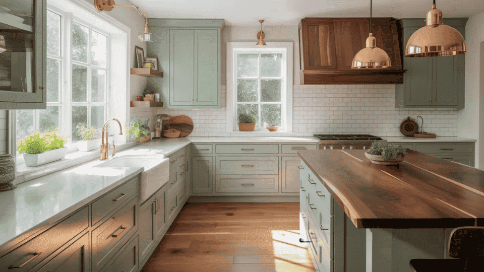 timeless kitchen cabinet colors with sage green cabinets and warm wood accents in bright kitchen