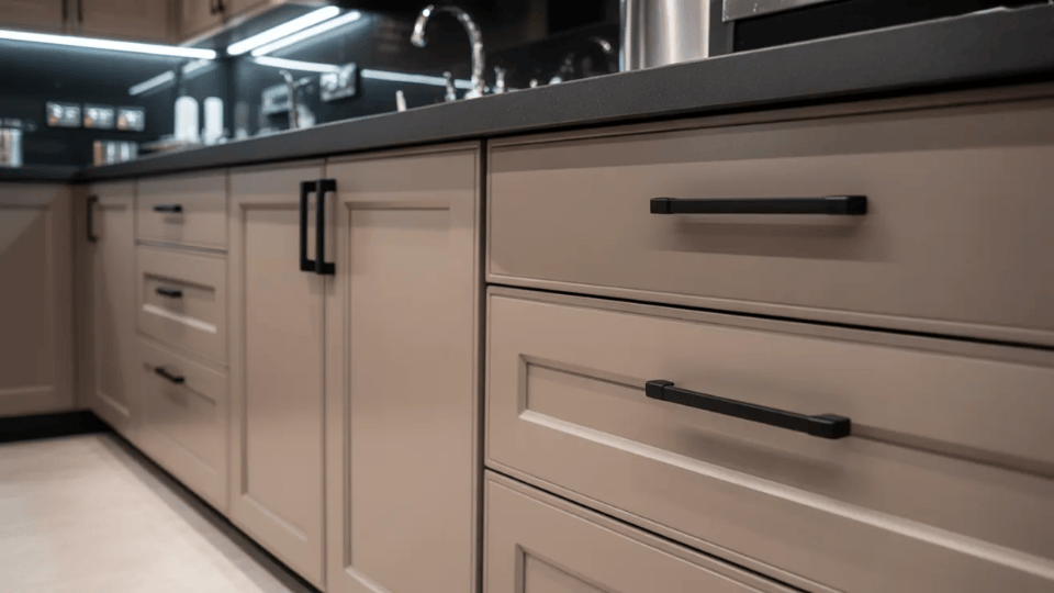 timeless kitchen cabinet colors with taupe cabinets and black hardware in modern kitchen
