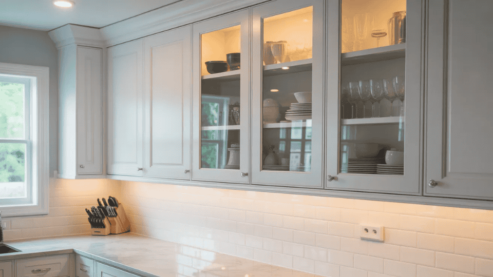 timeless kitchen cabinet colors with white cabinets and glass upper doors in bright kitchen