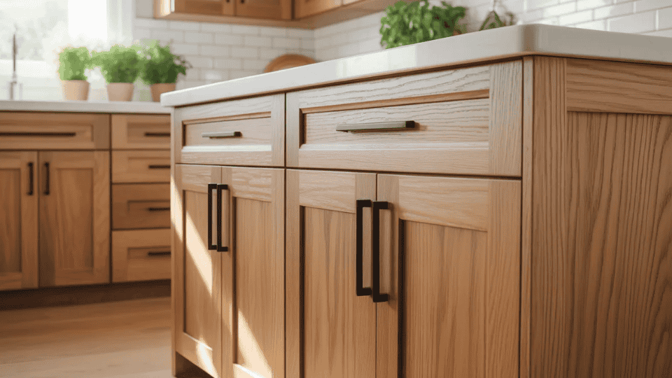 timeless kitchen cabinet colors with white oak cabinets and black hardware in bright kitchen