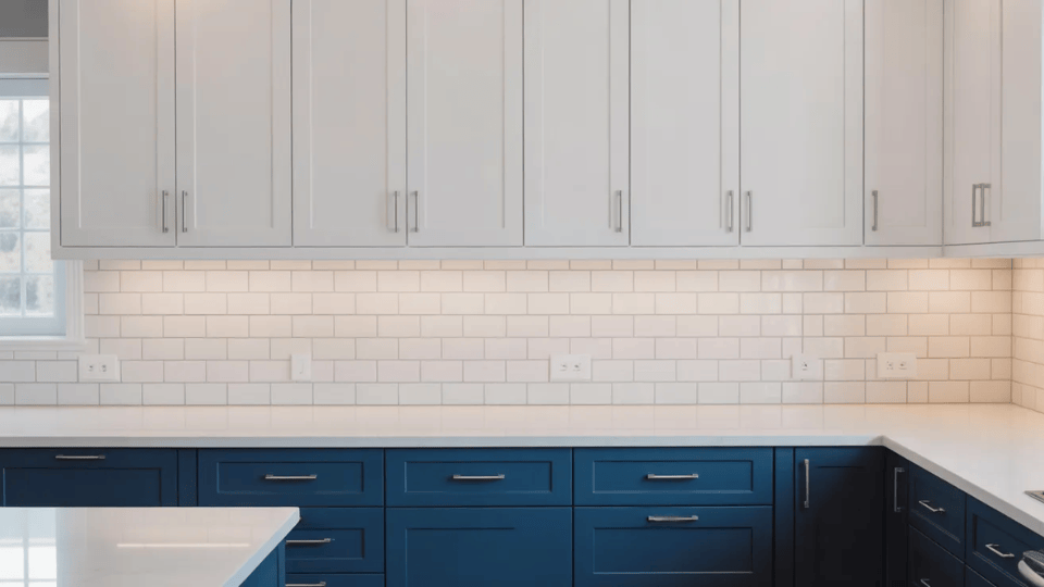 timeless kitchen cabinet colors with white upper cabinets and navy lower cabinets in modern kitchen
