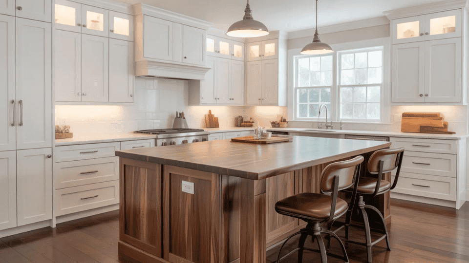 timeless kitchen cabinet colors with white cabinets and rich wood island in bright classic kitchen