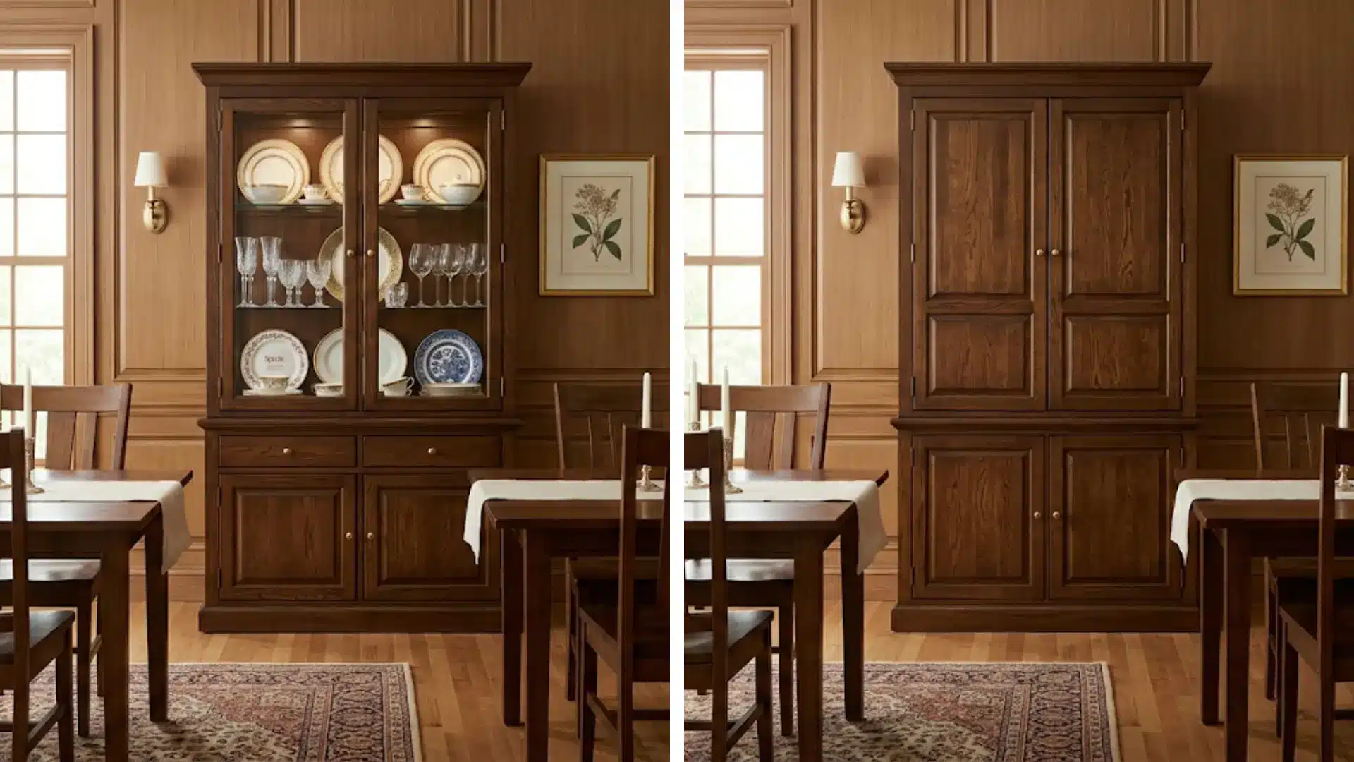 two views of a formal room showing an organized wooden dining hall cabinet or cupboards with fine china and glassware