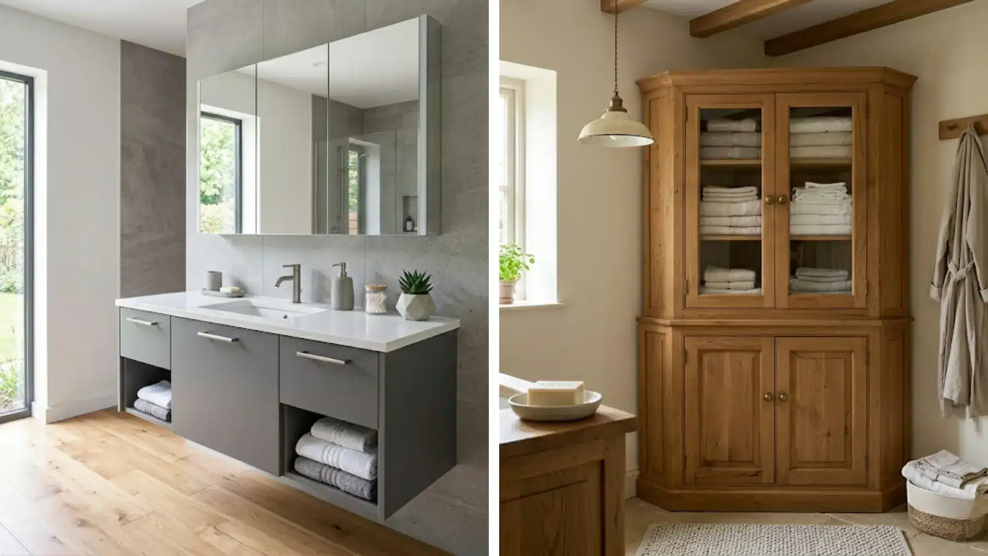 two views of modern and rustic kitchens showing organized bathroom cabinet or cupboards with dishes and pantry items