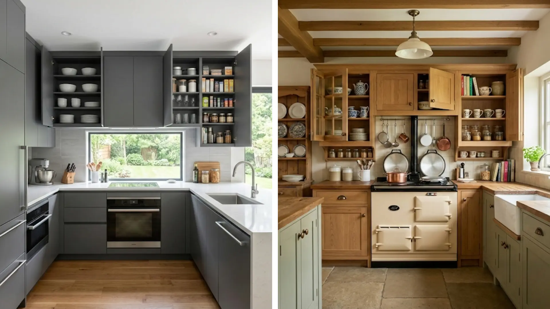 two views of modern and rustic kitchens showing organized kitchen cabinet or cupboards with dishes and pantry items