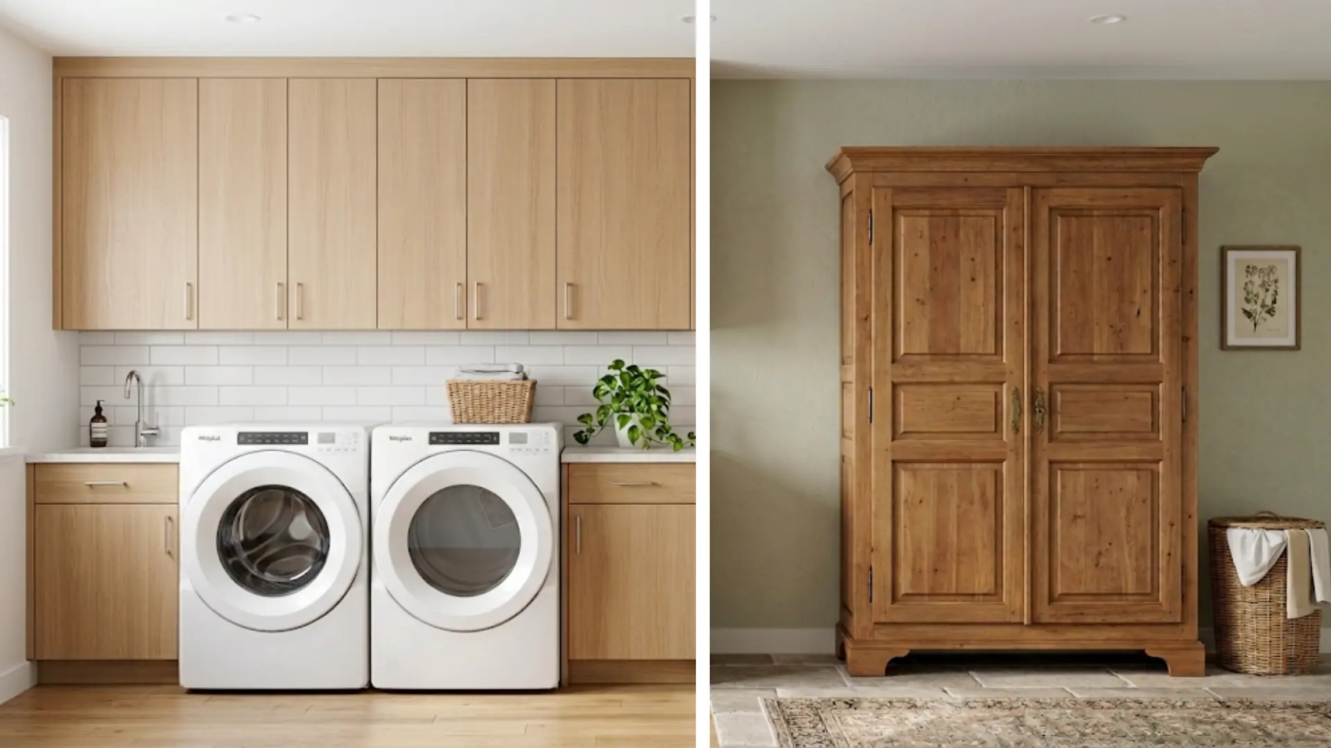 two views of organized light wood laundry room cabinet or cupboards above a washer and dryer and in a rustic room