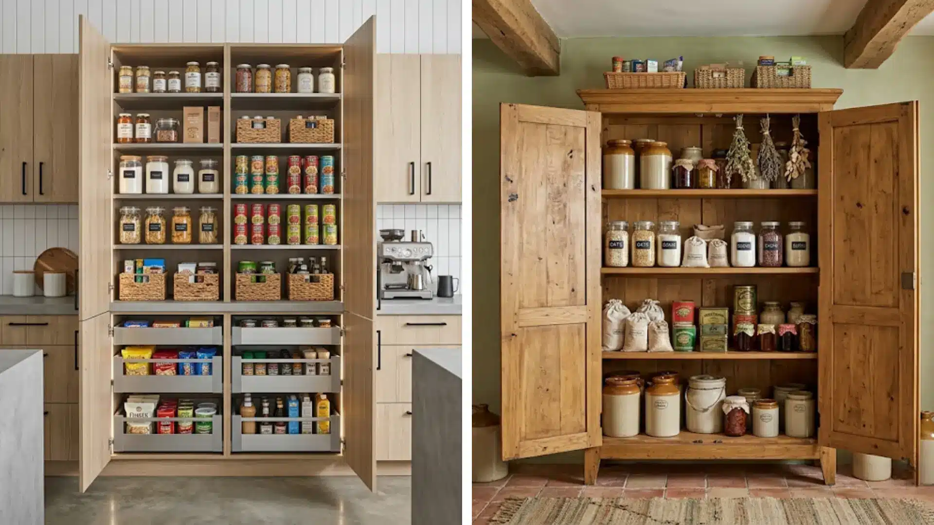 two views of organized wood and modern pantry cabinet or cupboards filled with jars baskets and various food items