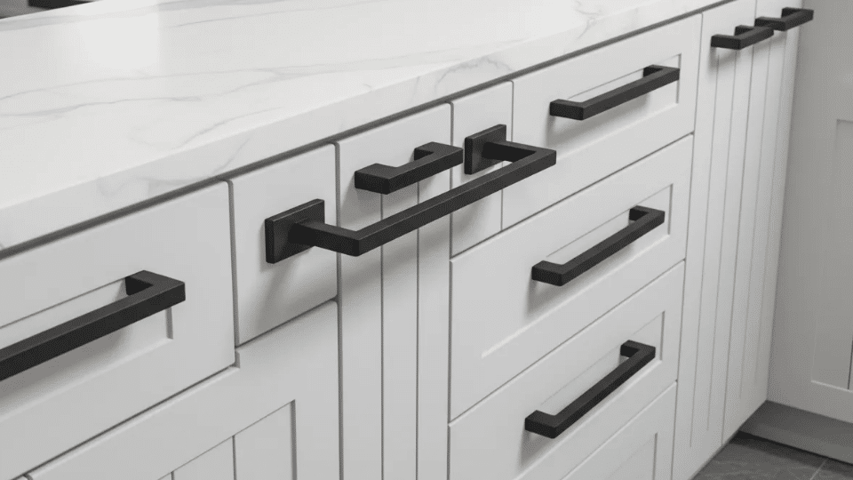 updated bathroom hardware with modern handles and towel bar