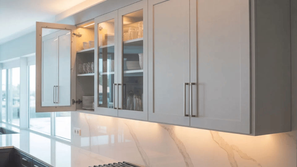 upper kitchen wall cabinets above countertop with a clean layout and easy to reach storage in a bright modern kitchen