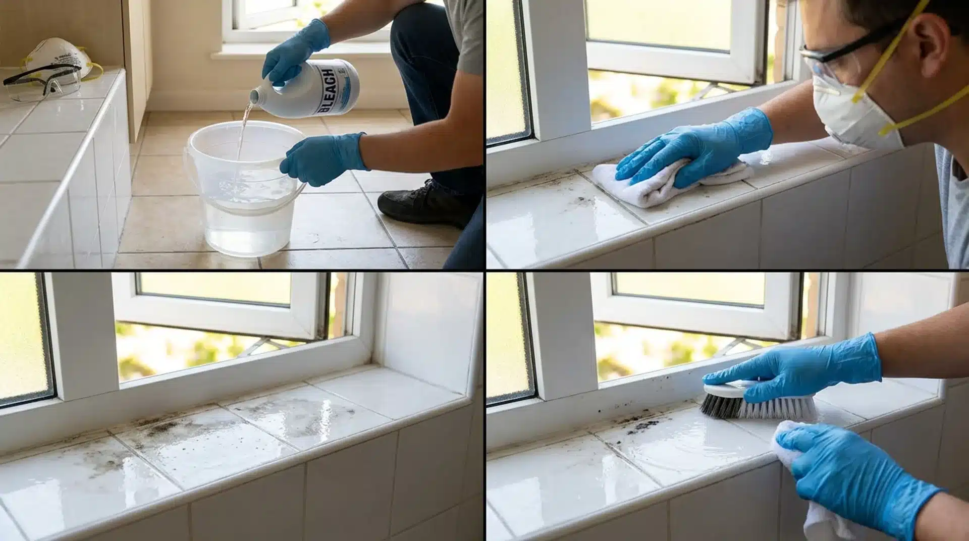 using bleach solution to clean mold on window sill, wiping surface, then scrubbing spots with brush while wearing gloves
