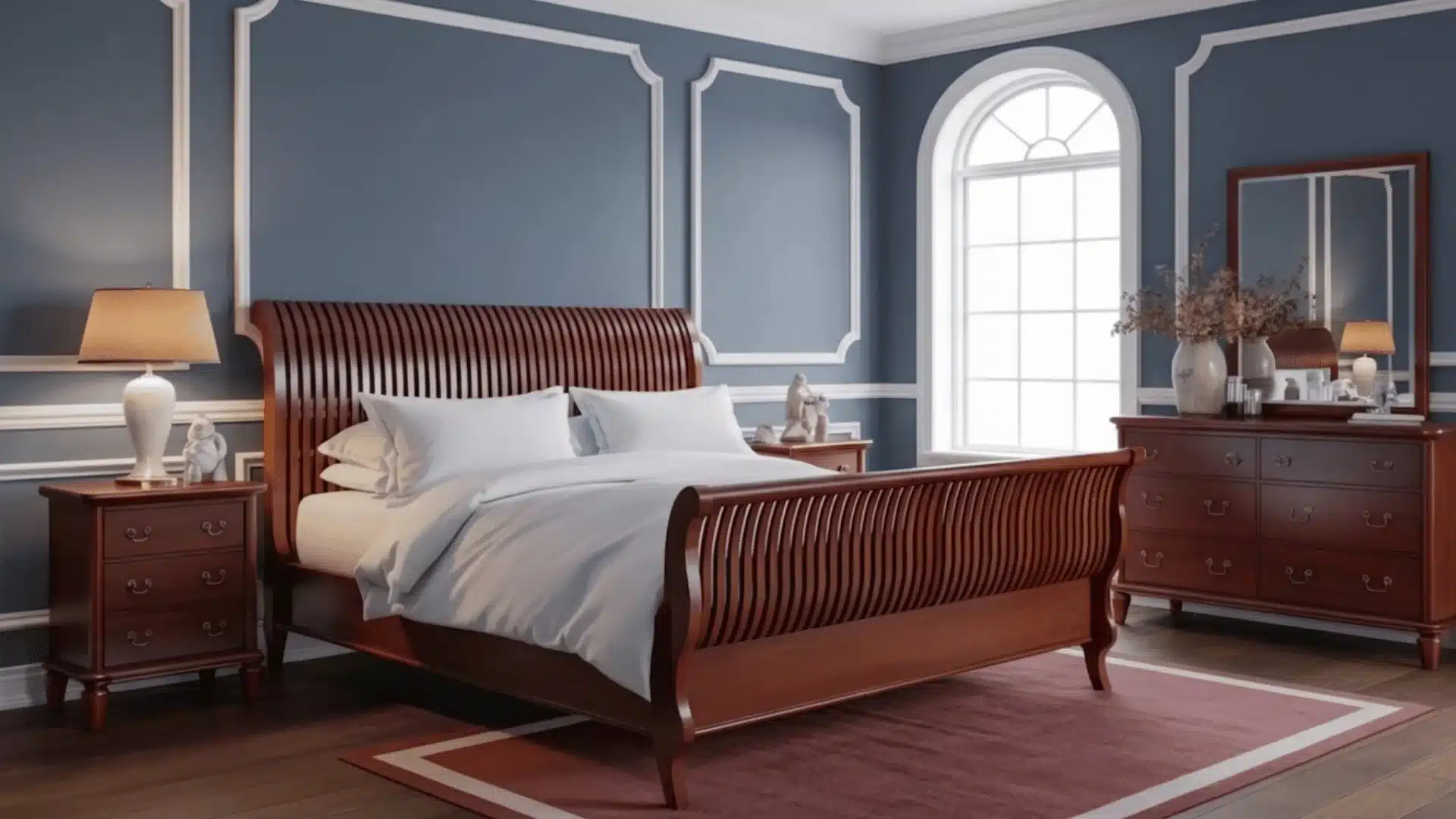 uxurious traditional bedroom interior with granite peak sw walls and white crown molding