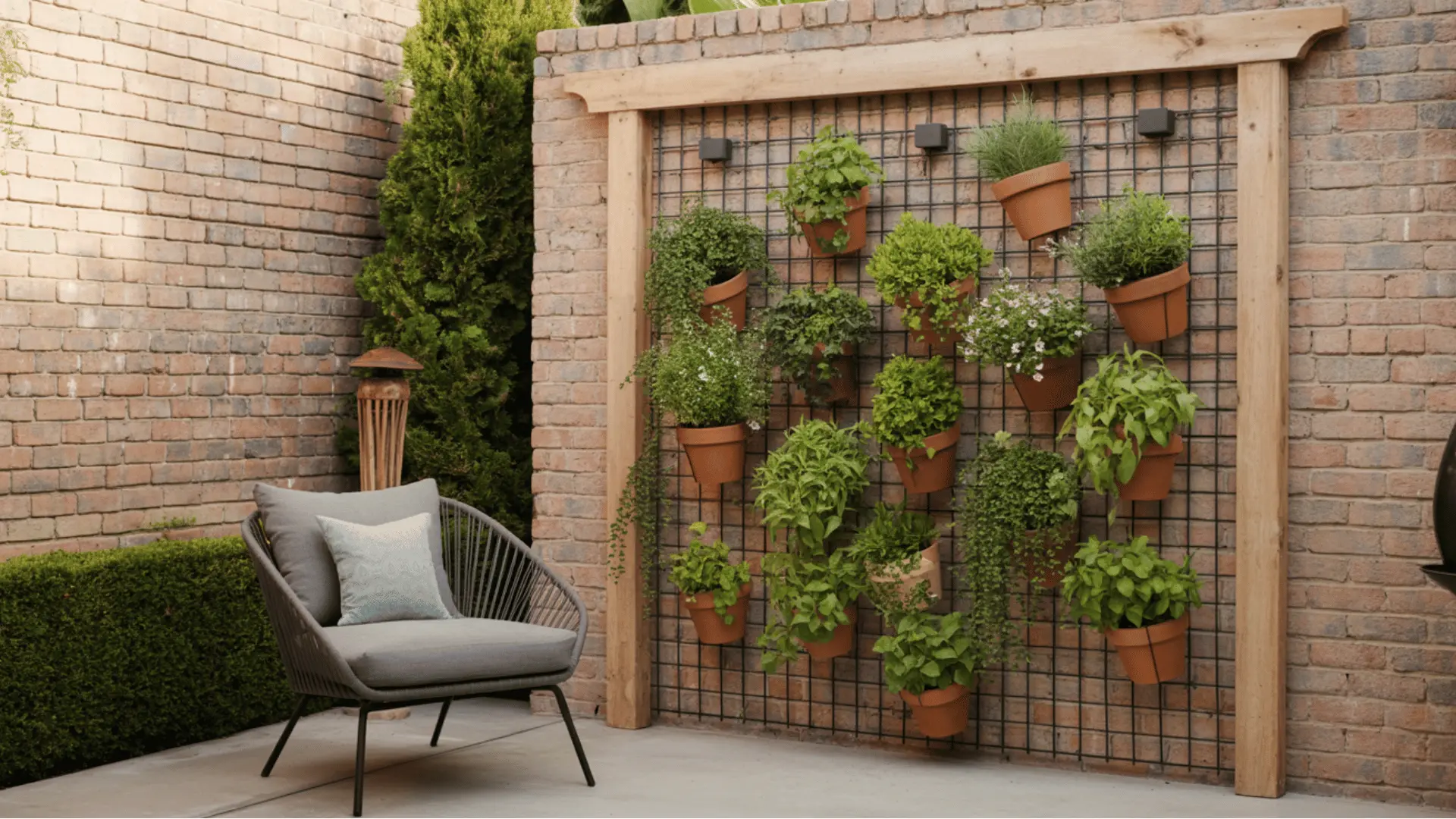 vertical garden installation on a brick wall with a wooden pergola beam at the top the wall features a black mesh