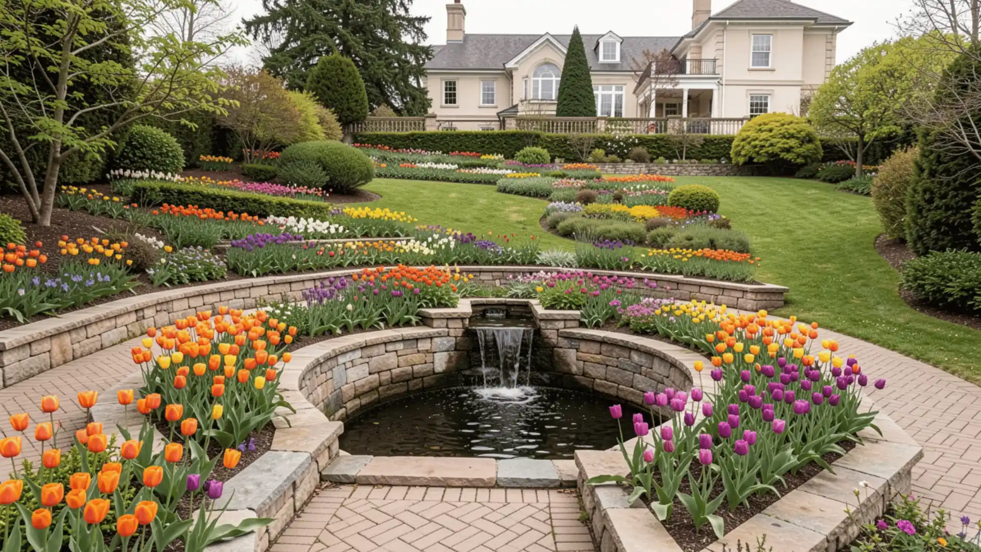 vibrant, multi-tiered garden features a small waterfall cascading into a dark pool, surrounded by stone retaining walls and planters