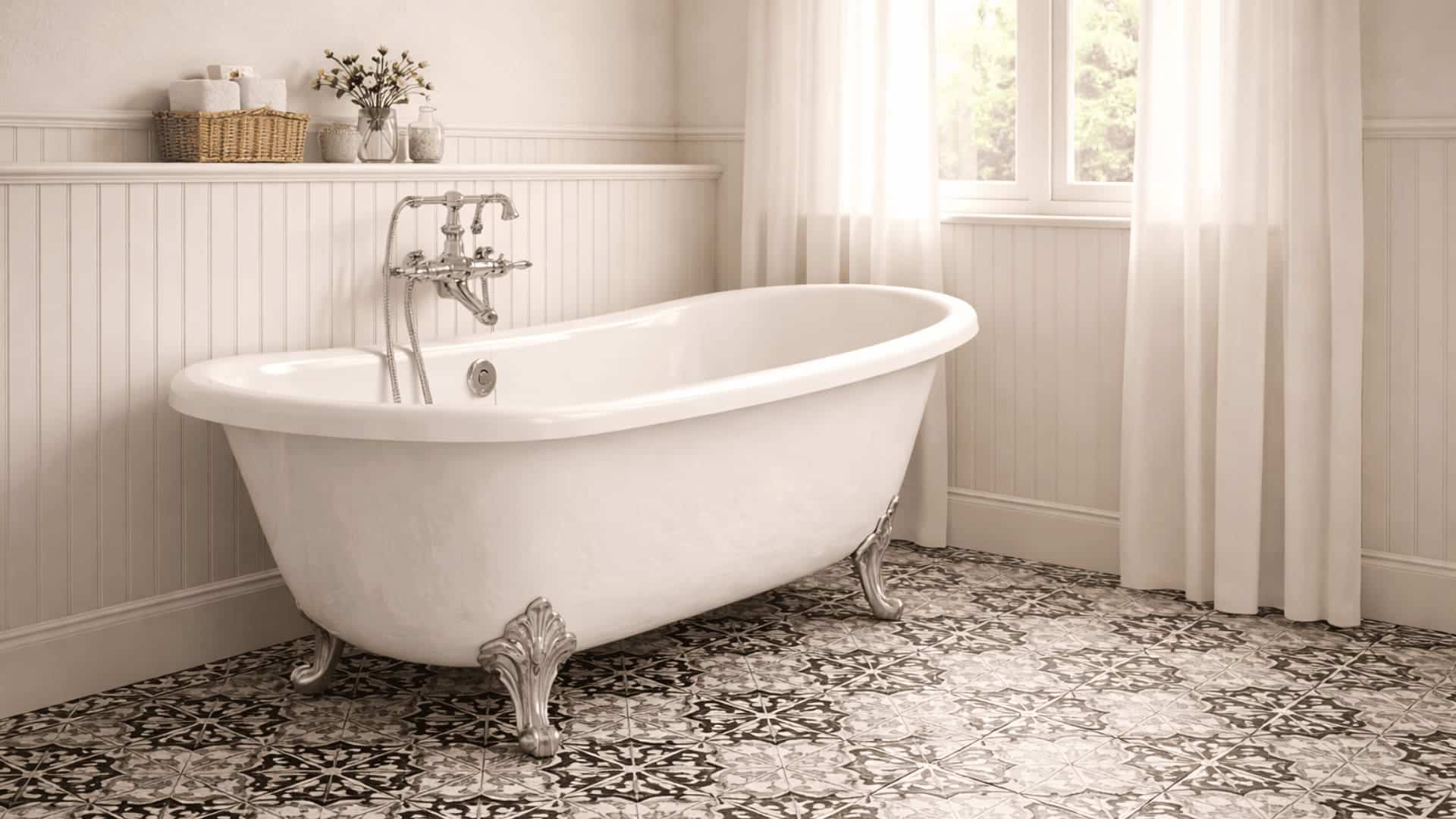 vintage bathroom with white clawfoot tub on black and white patterned tile floor and beadboard walls