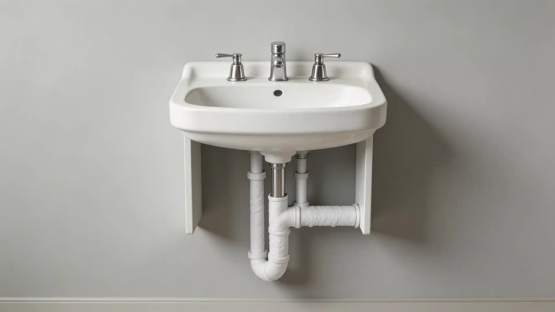 wall mounted bathroom sink with open space underneath, designed for wheelchair access with exposed plumbing