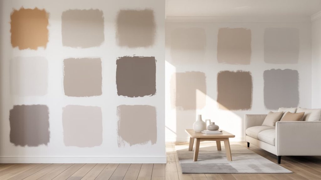 wall with multiple greige and beige paint swatches in a modern living room showing color variation in natural light