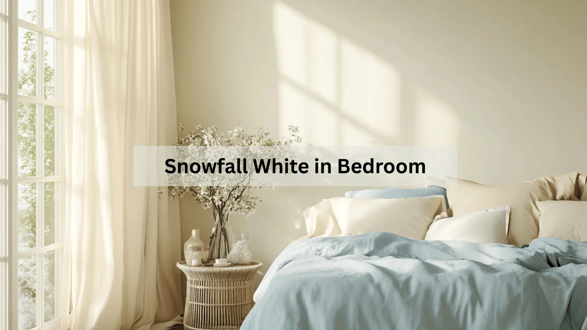 walls painted in snowfall white in a bedroom with blue linen bedding, rattan nightstand, and sheer white curtains.