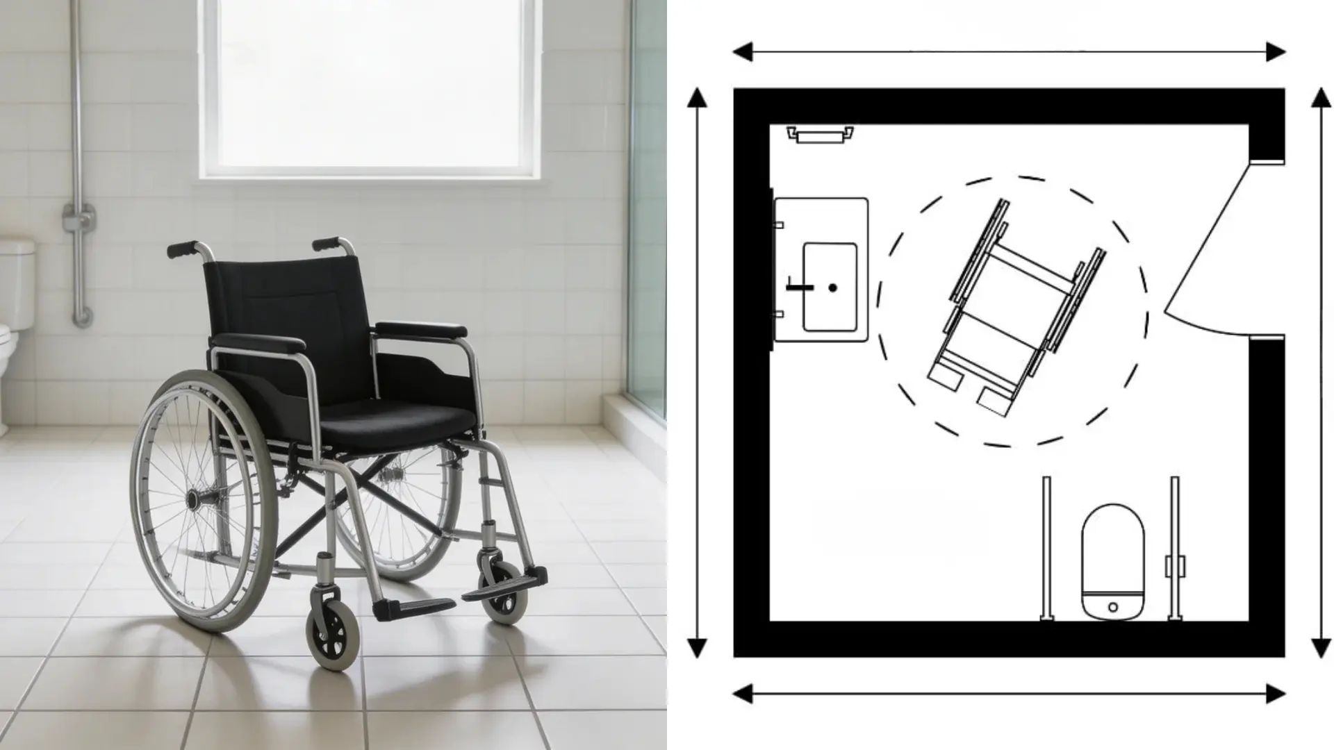 wheelchair in accessible bathroom beside floor plan showing turning radius and fixture layout
