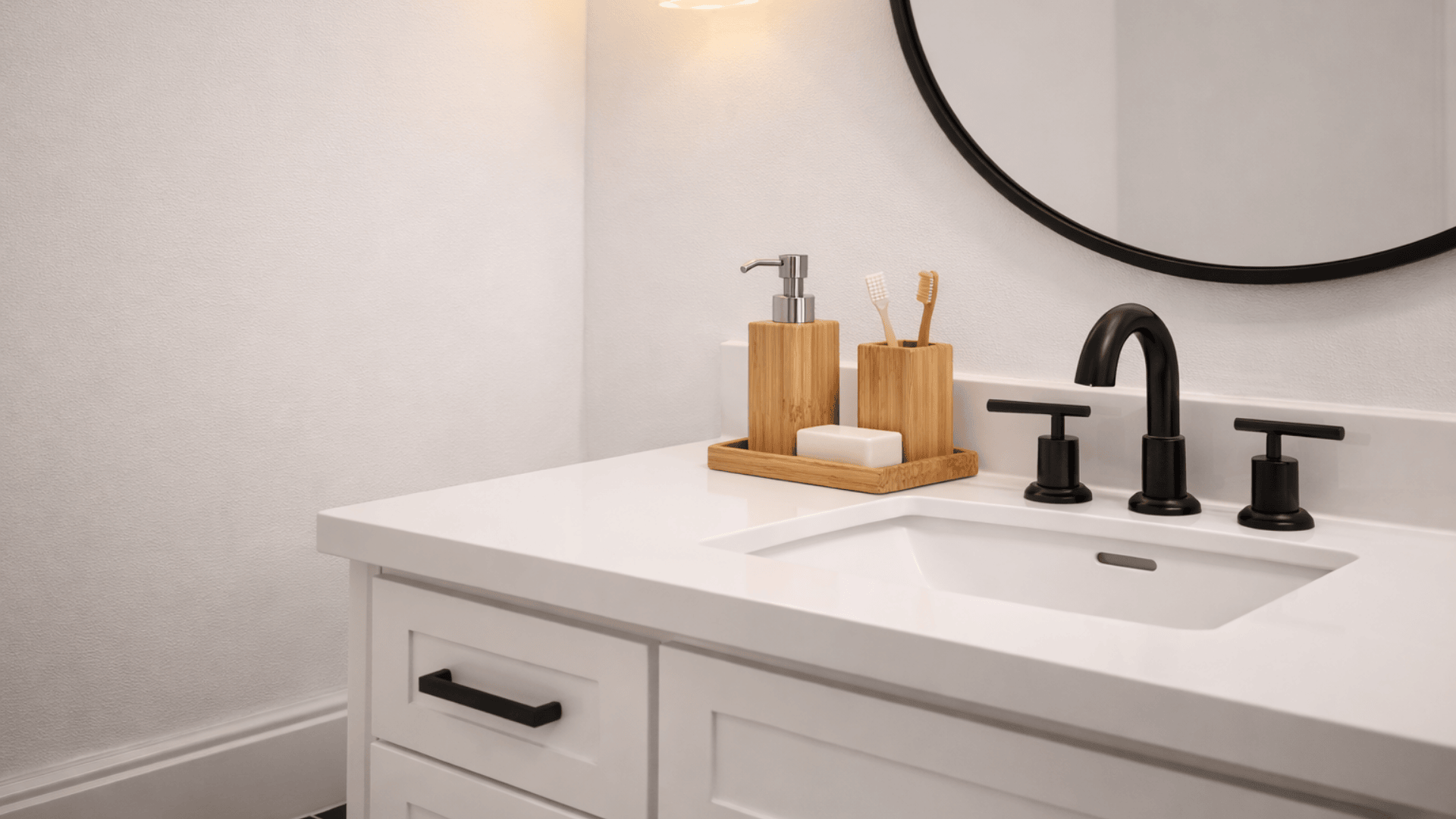 white bathroom vanity with matte black faucet and bamboo soap dispenser, toothbrush holder and tray