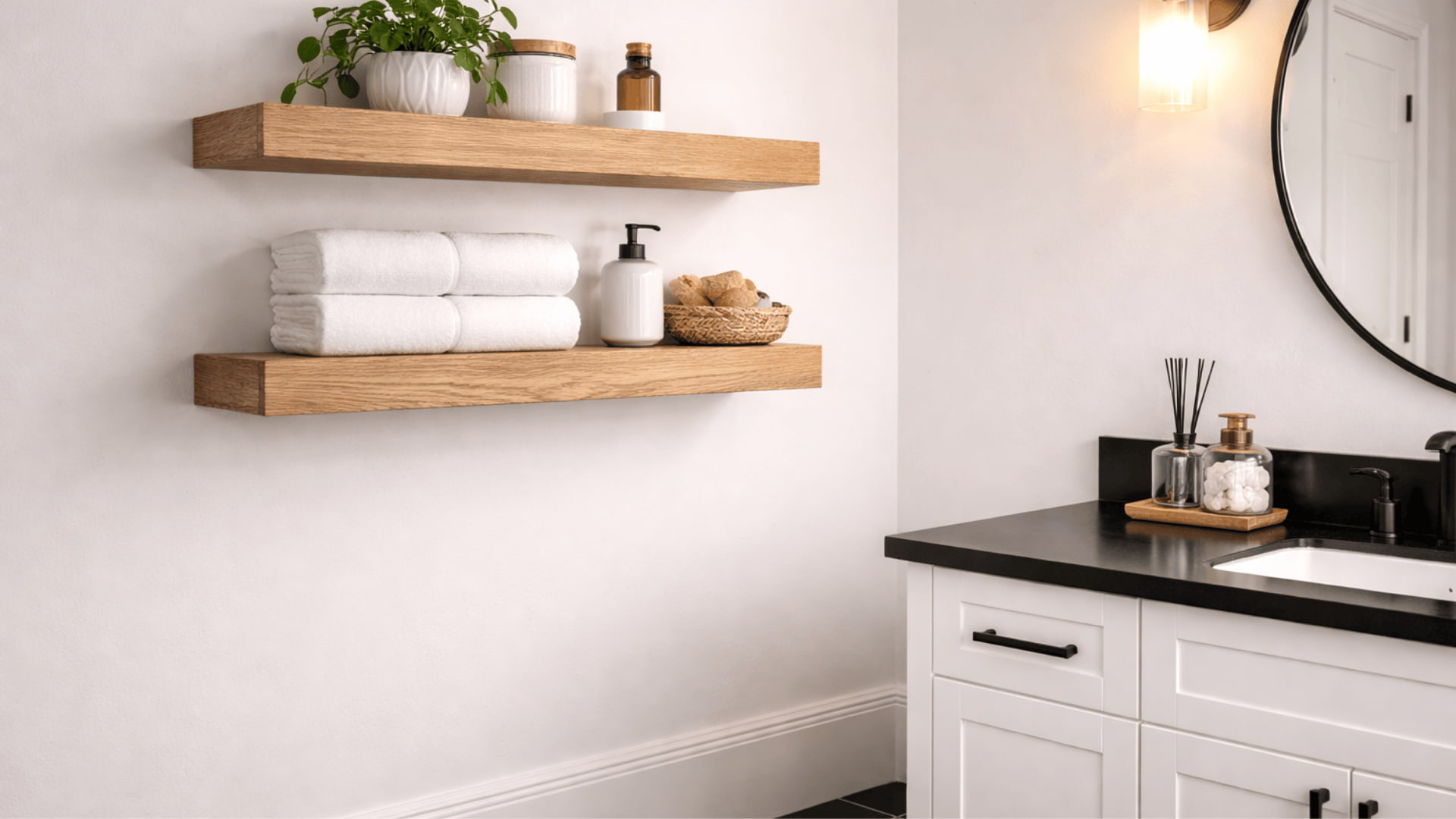 white bathroom with black floor tiles and two natural oak floating shelves holding towels and small plant