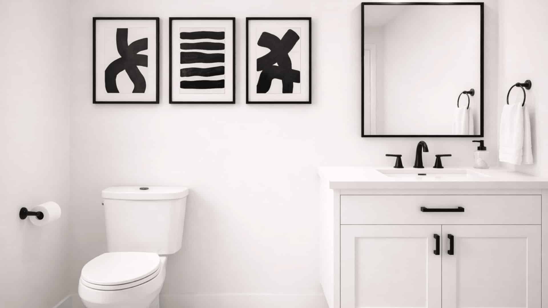 white bathroom with three black framed abstract prints above toilet and matte black vanity fixtures