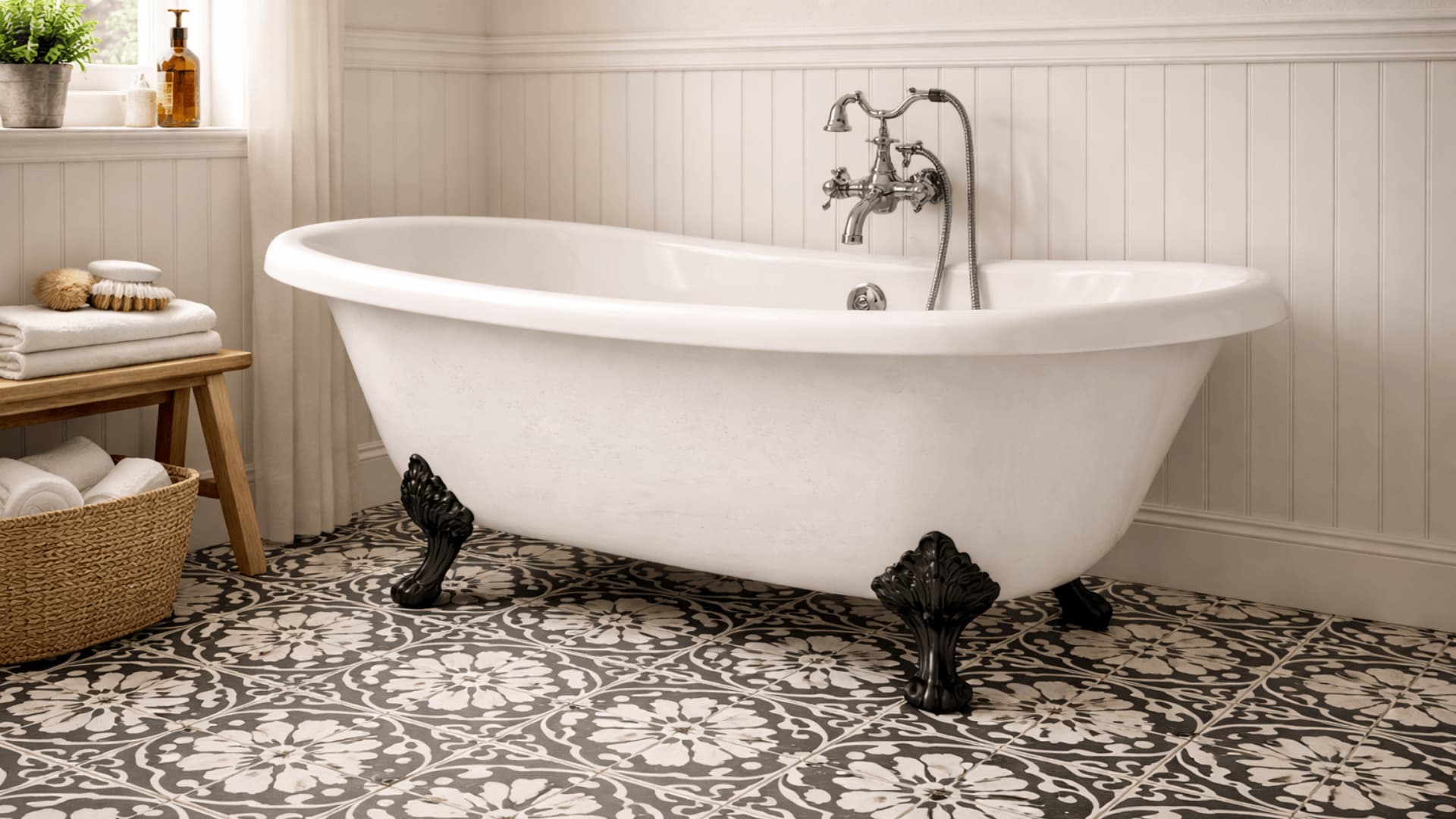 white clawfoot bathtub with black painted feet on black and white encaustic tile floor and beadboard walls