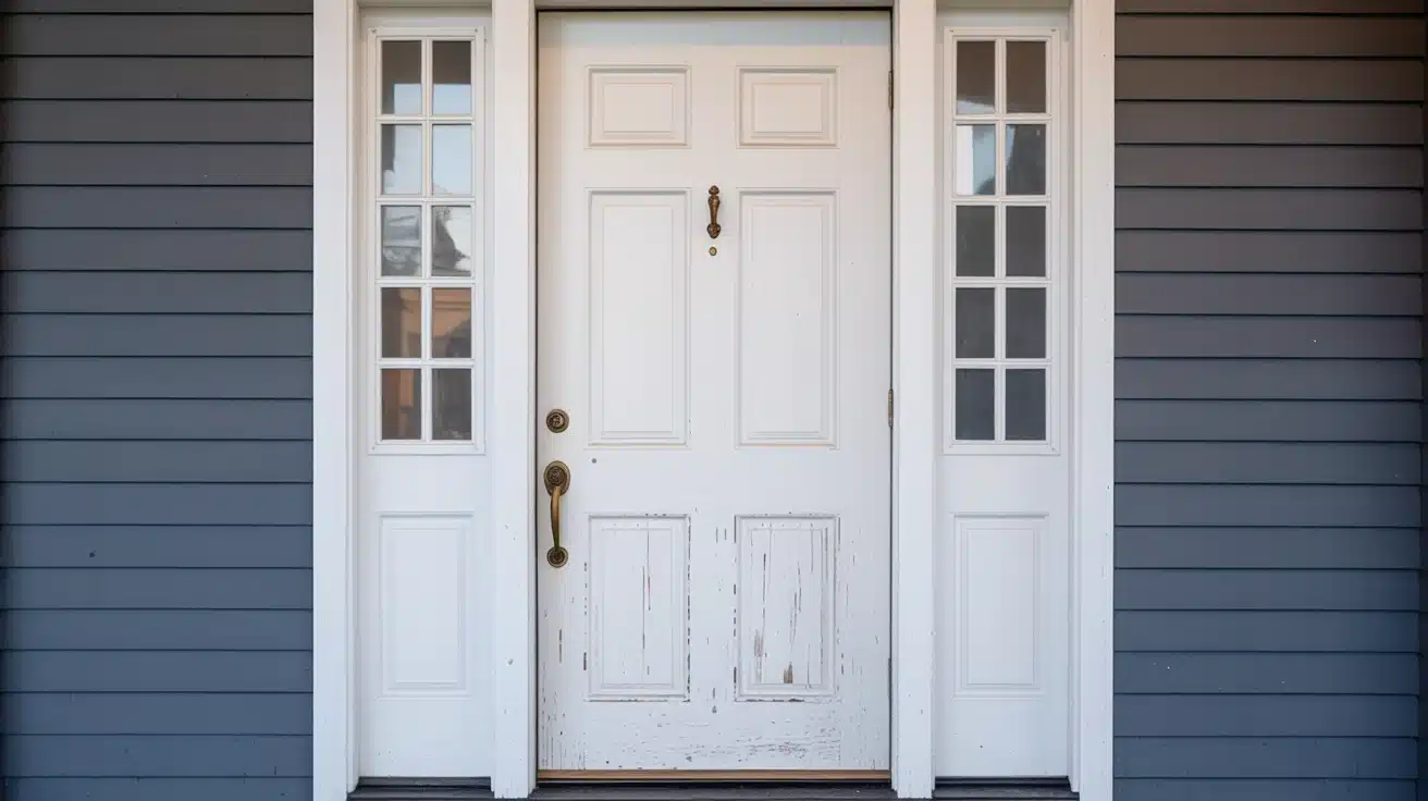 white front door showing dirt scuffs and wear making entry look dull and poorly maintained over time