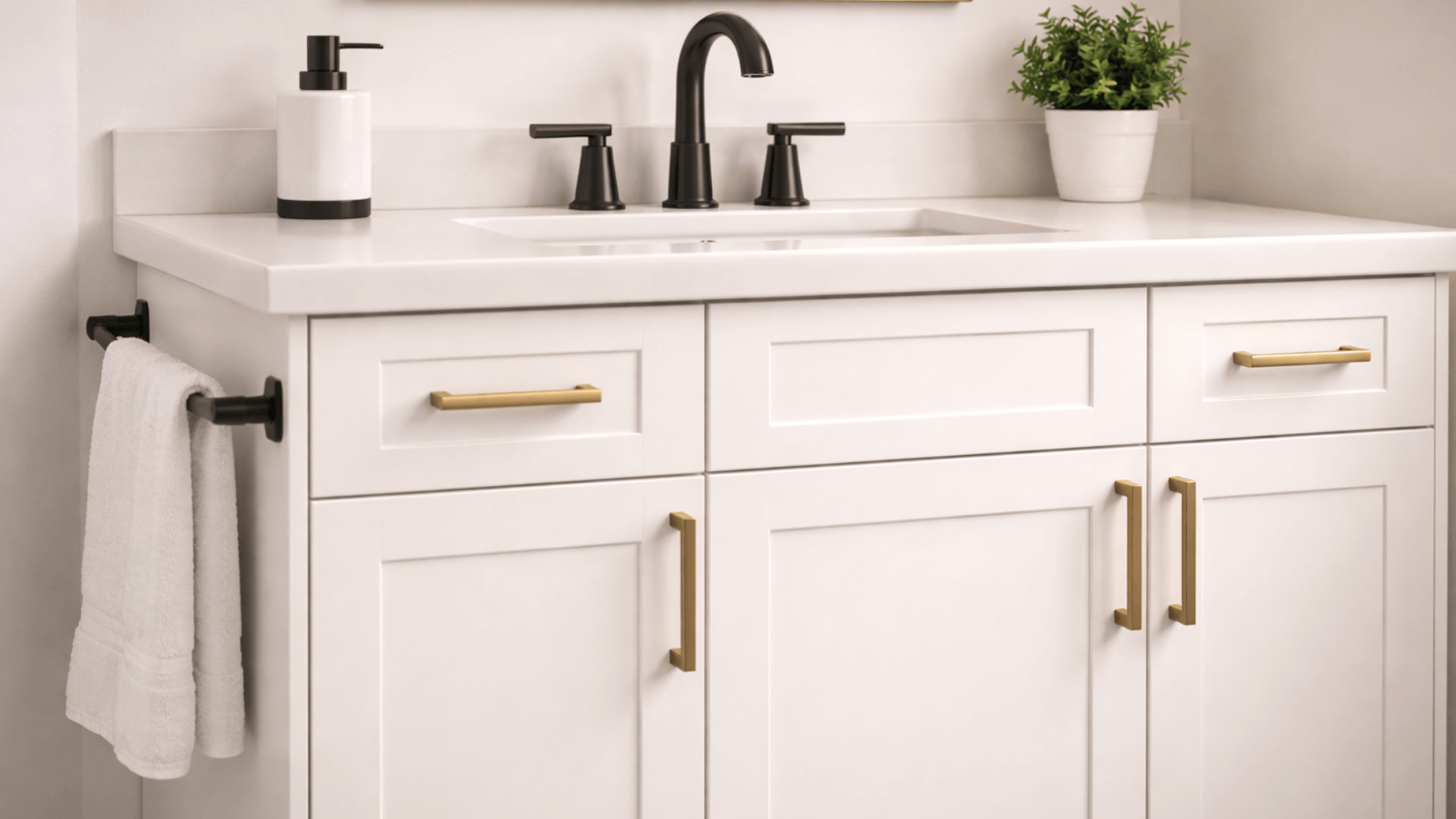 white shaker bathroom vanity with matte black faucet and towel bar and brushed brass cabinet pulls