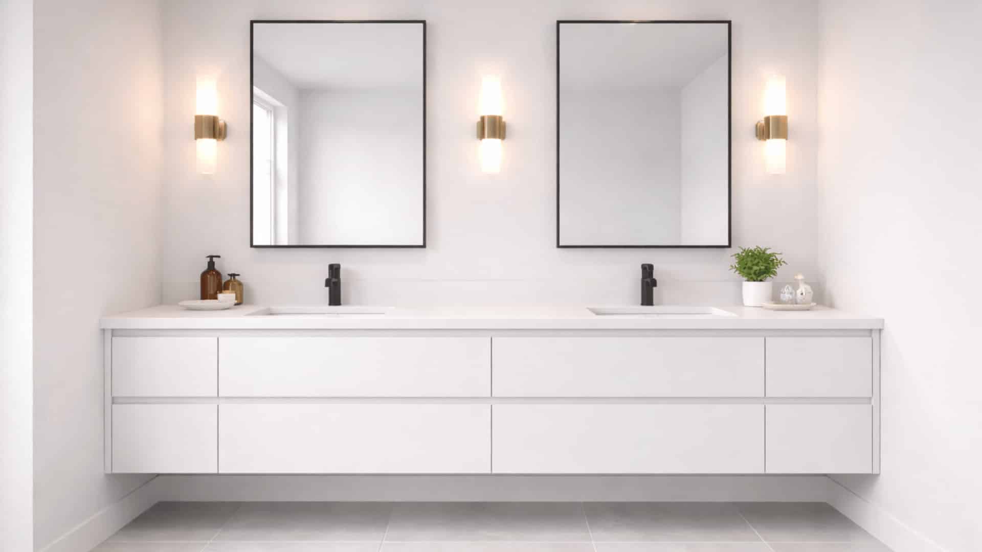wide bathroom with long white double vanity, black framed mirrors, black faucets, and warm wall sconces (1)
