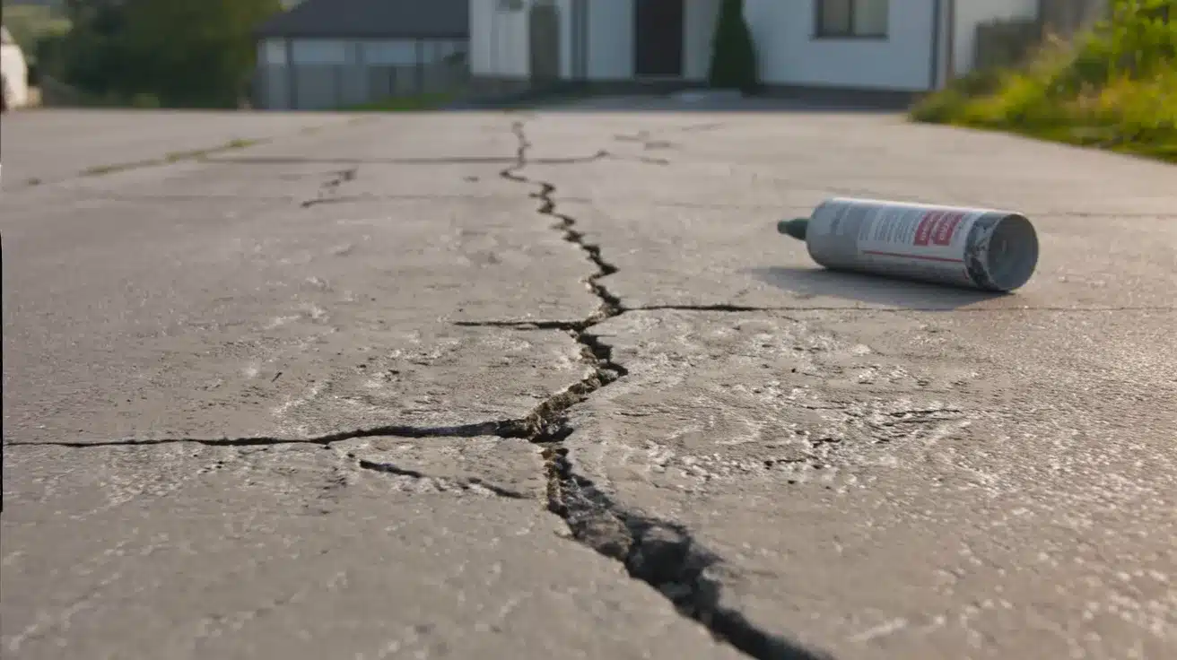 wide concrete driveway with long structural crack running across surface, repair sealant tube lying nearby