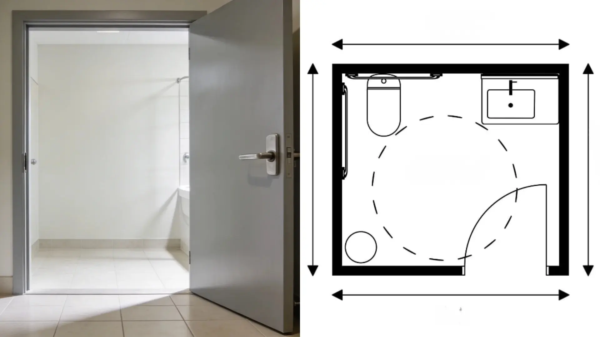 wide outward-opening bathroom door beside floor plan showing toilet, sink, and door swing clearance