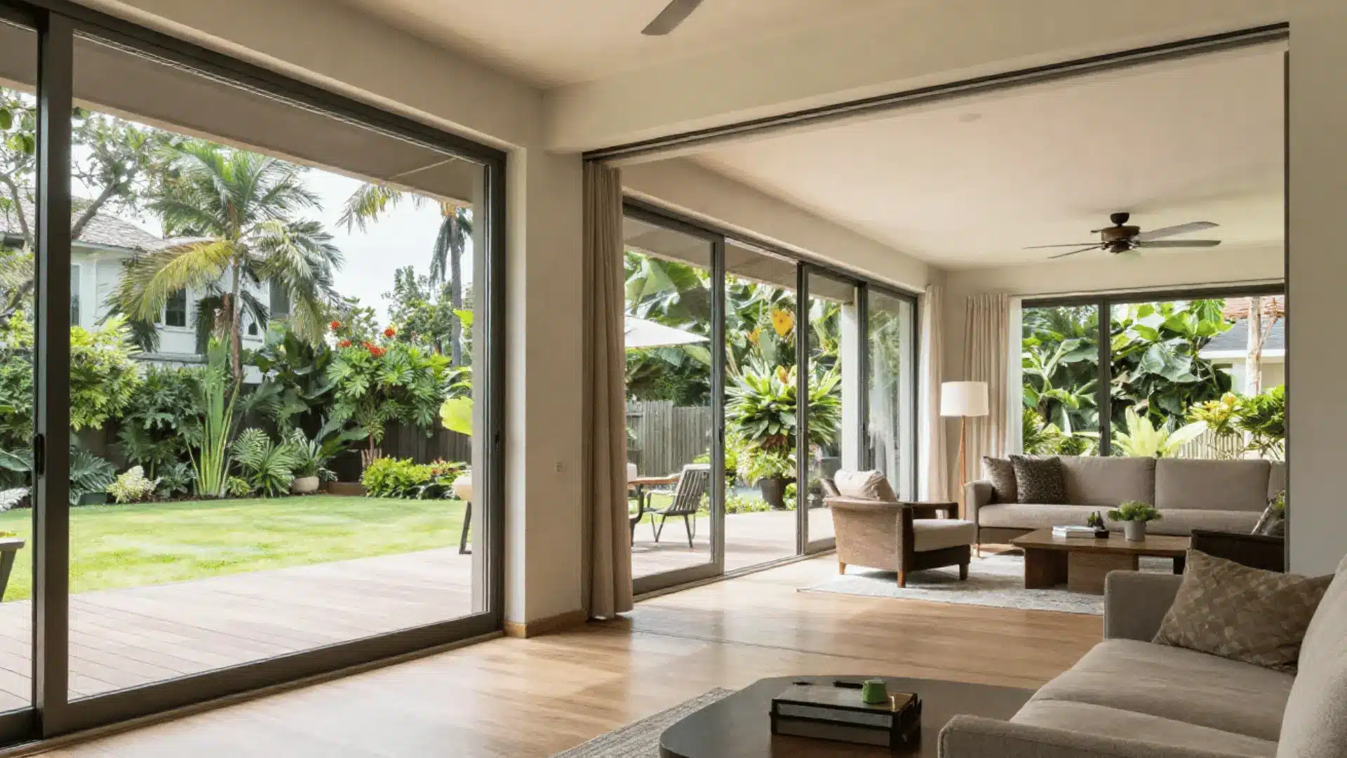 Wide sliding glass doors open to deck, seamless indoor-outdoor flow, abundant natural light flooding
