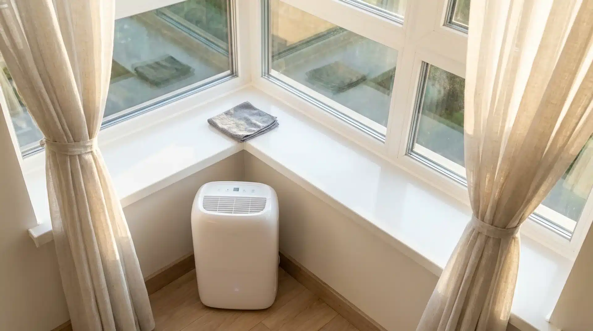 window sill with dehumidifier nearby, showing moisture control setup to prevent mold growth and keep window area fresh