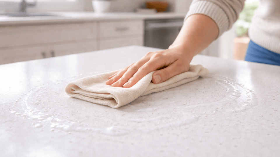 wiping a white quartz countertop with a soft cloth in circular motion during gentle kitchen cleaning