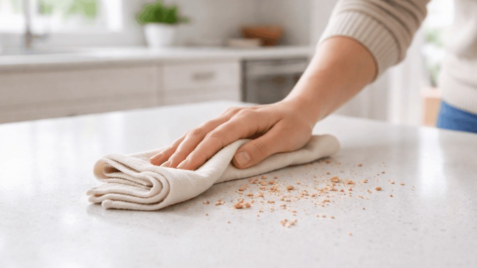 wiping crumbs from a white quartz countertop with a soft cloth in a bright modern kitchen