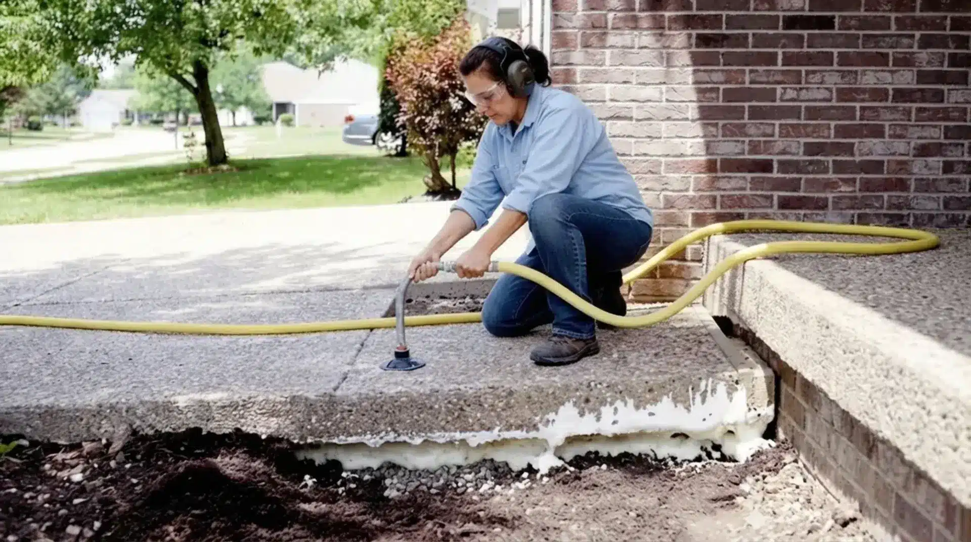 woman injecting expanding foam under sunken concrete slab using hose to lift and level driveway near house foundation