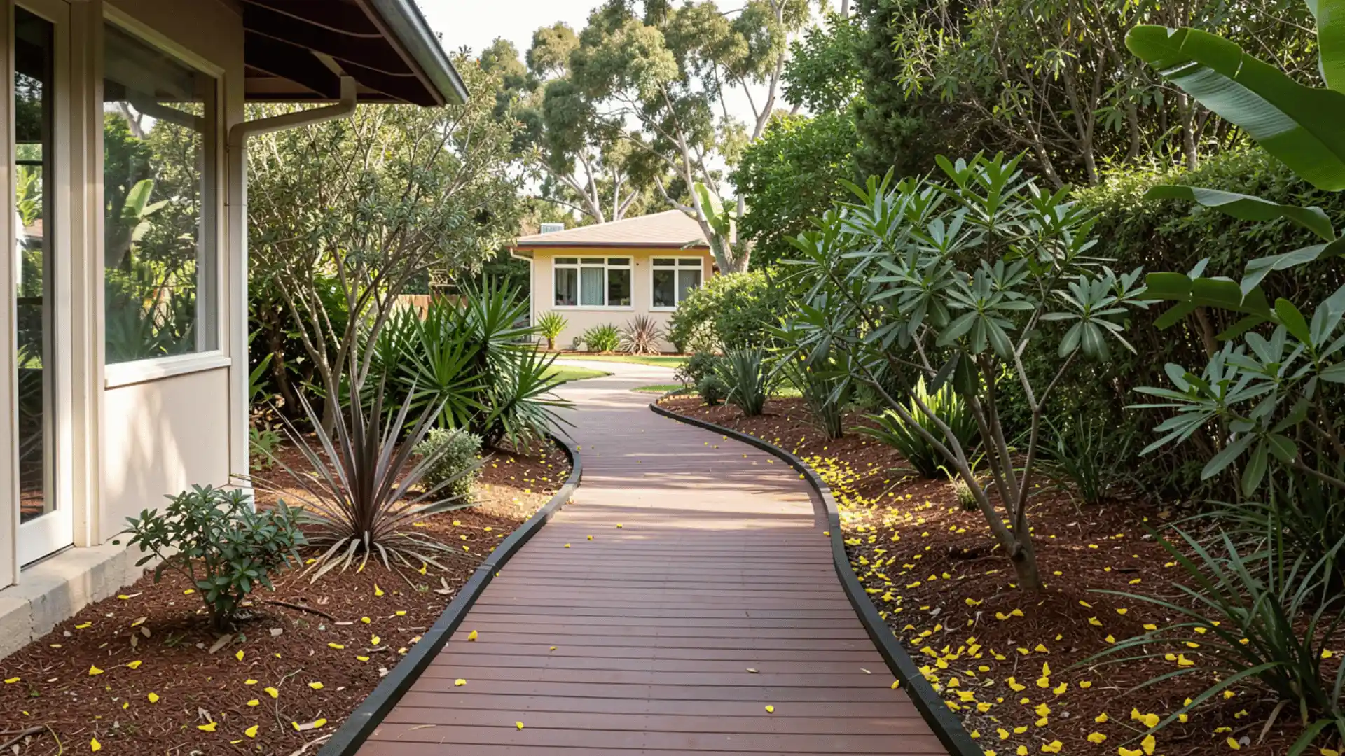 wooden boardwalk curves through a lush garden, bordered by a house on the left and dense greenery on the right