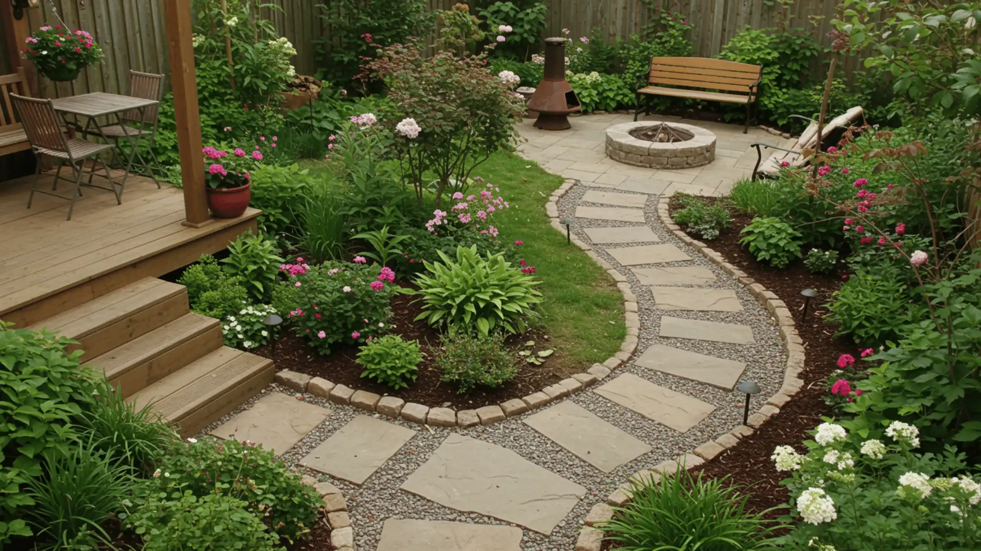 wooden deck with a small seating area is positioned to the left, featuring a bench and a round table with chairs