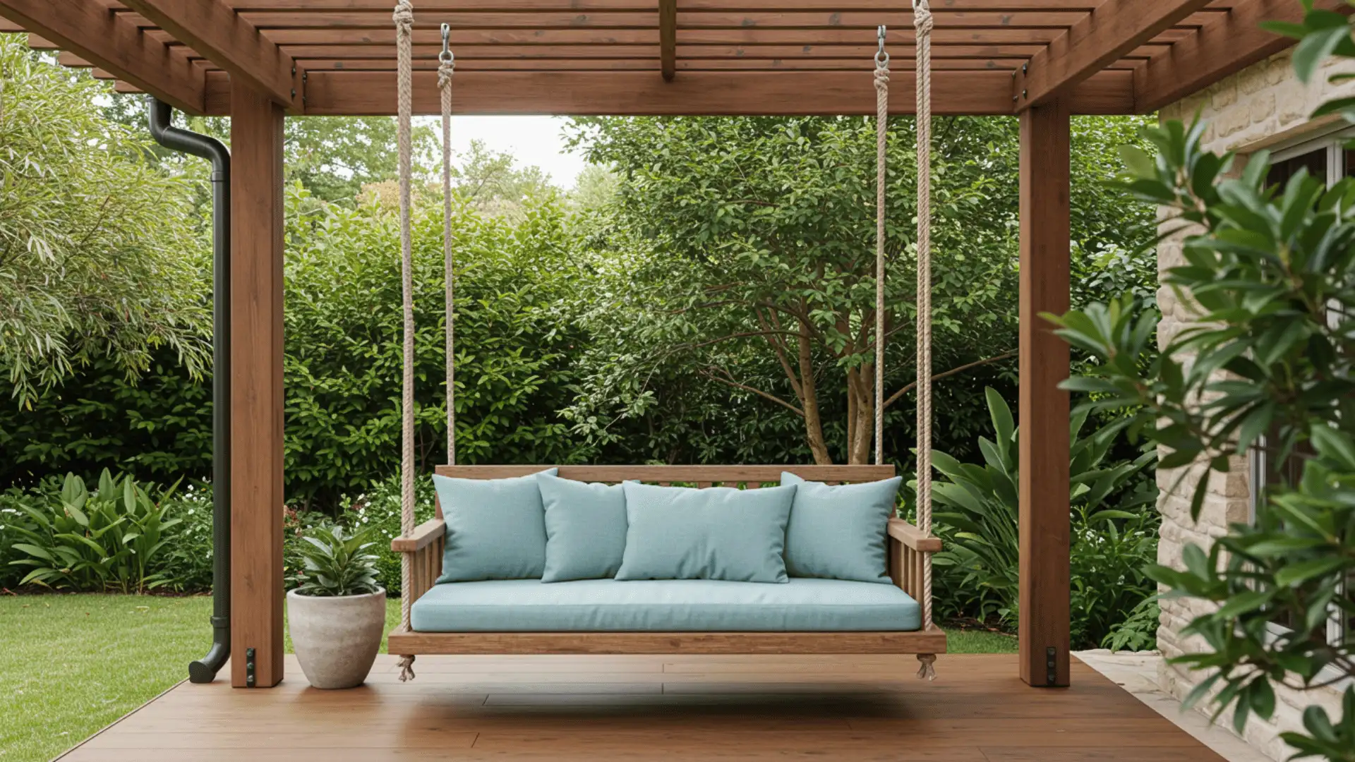 wooden pergola with a hanging swing seat with a light blue cushion is the central focus of this outdoor scene