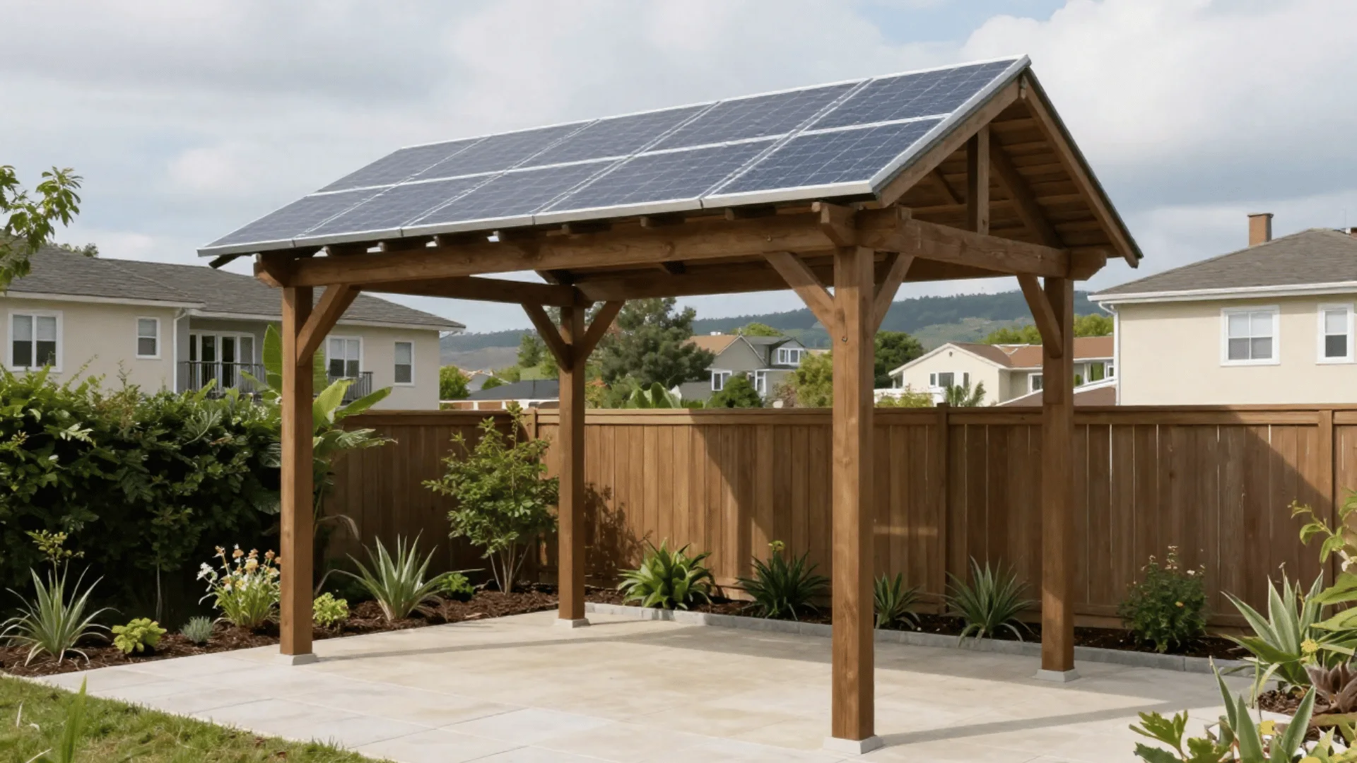 wooden pergola with a slanted roof covered in solar panels stands on a paved patio